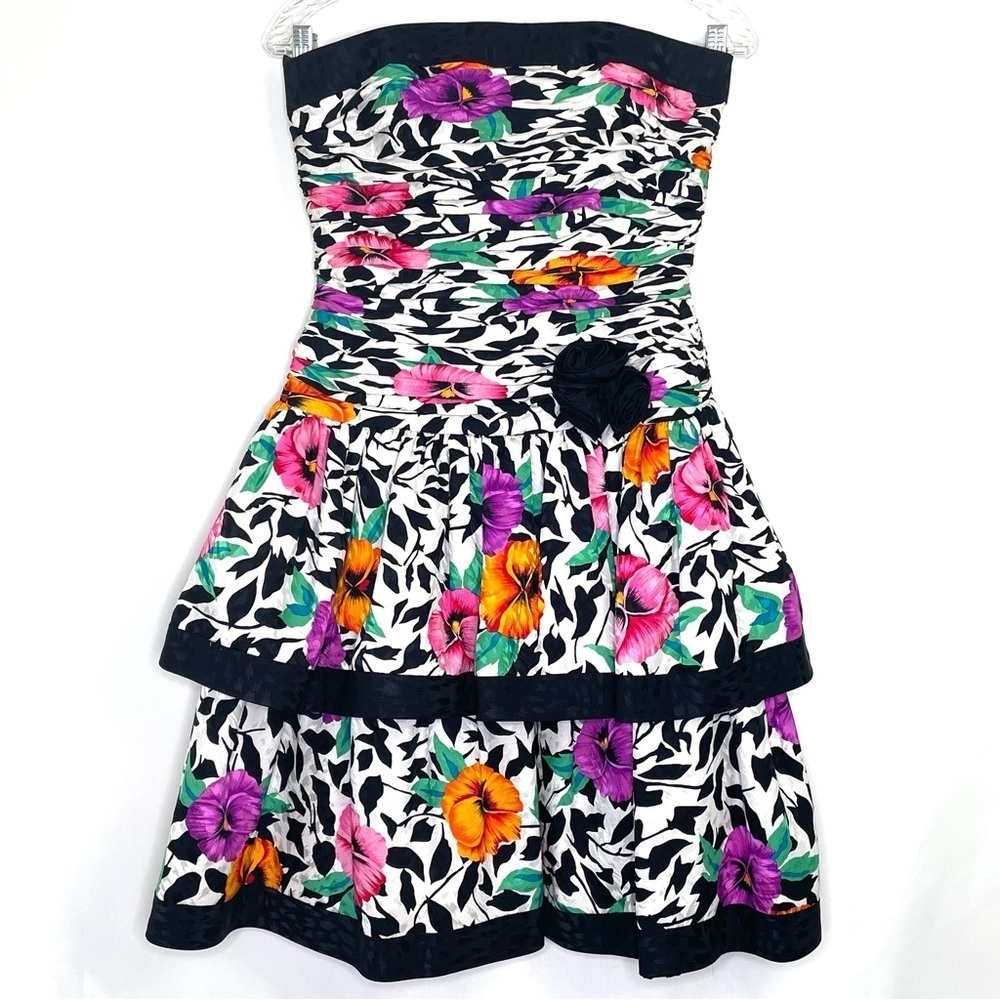 A.J. Bari Vintage 100% Silk Corset Tiered Floral Party Cocktail Dress Size 8